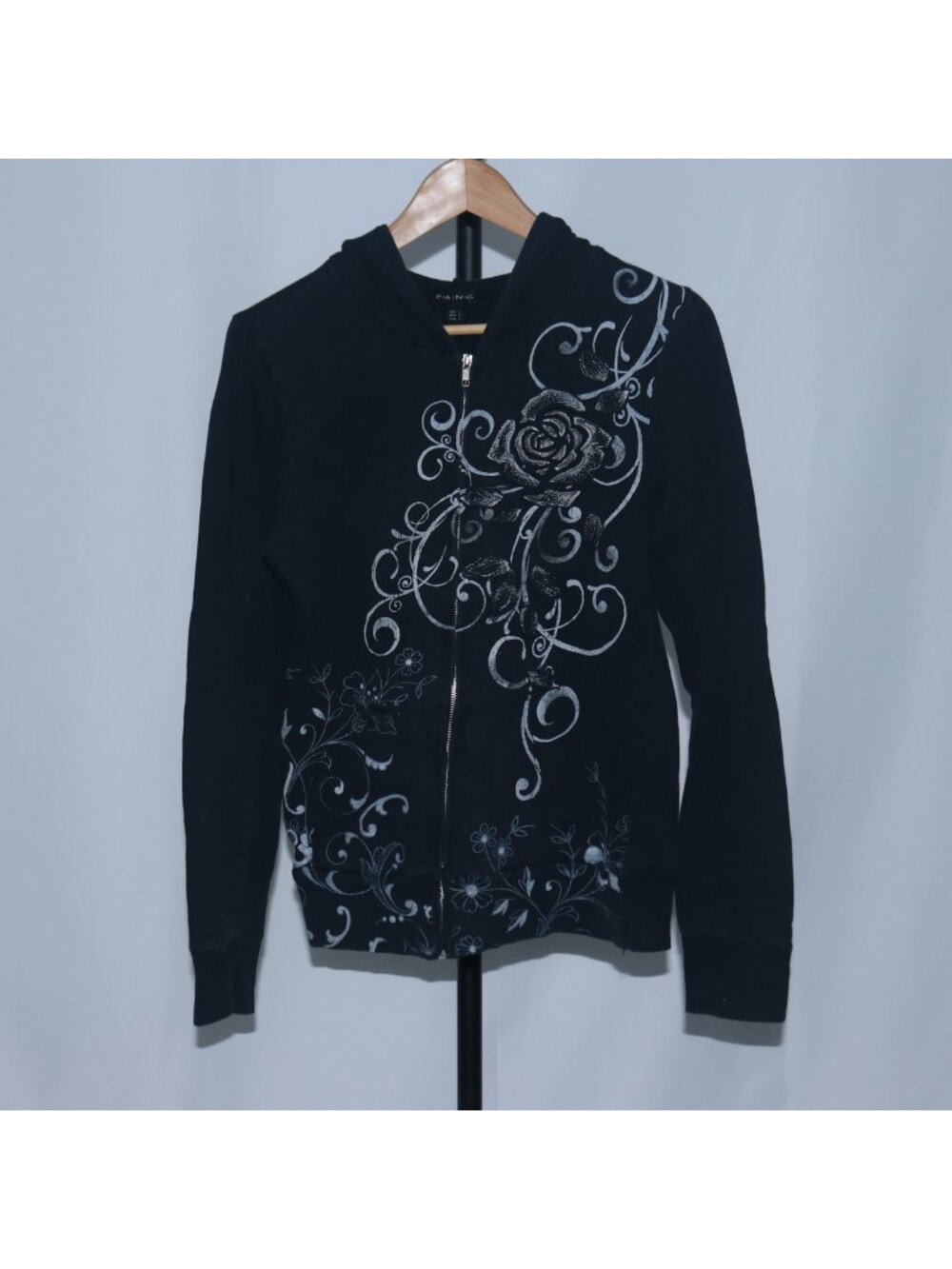 FANG Womens Graphic Y2K Long Sleeve Hoodie Black White Embroidered Rose Size L